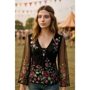 Venus Y2K Embroidered Roses Black Sheer Mesh Bell Sleeves Tie Loop Bust Sz L